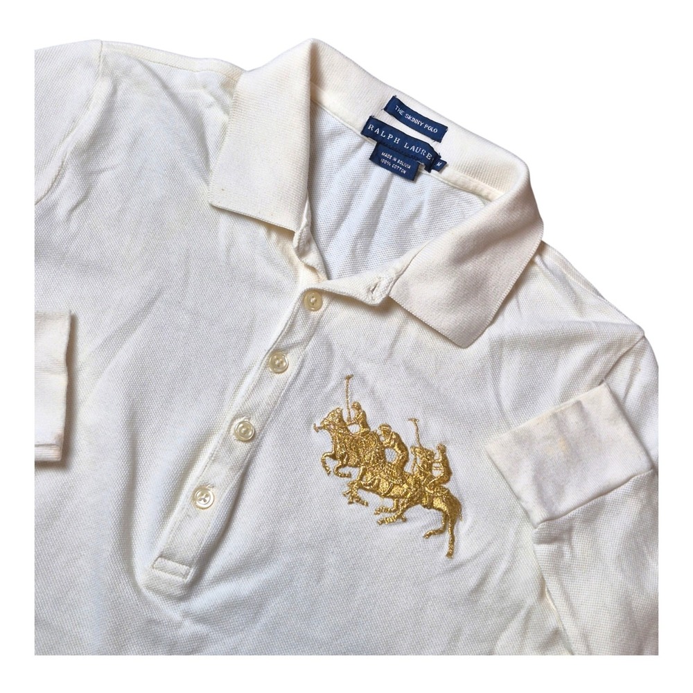 VTG Y2K Ralph Lauren Women's M The Skinny Polo Ivory Gold Crest Long Sleeve